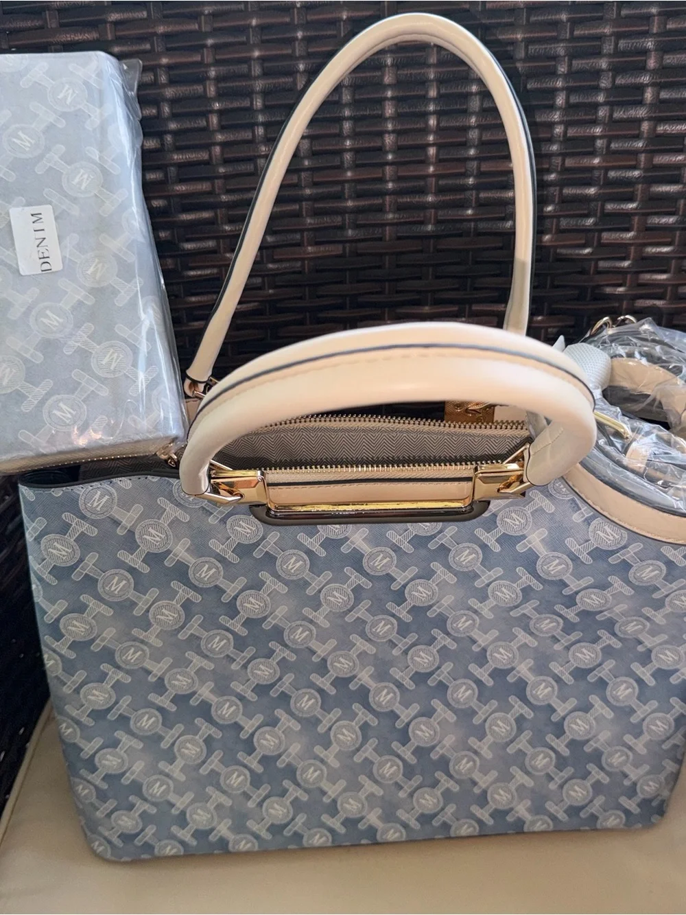 Denim Monogram Satchel with Cream Handles